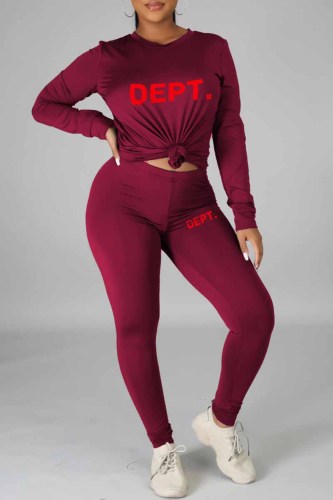Burgundy Casual Print Letter O Neck Long Sleeve Two Pieces
