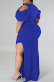 Blue Sexy Solid Patchwork Slit Fold V Neck Straight Plus Size Dresses