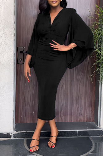 Black Sexy Solid Patchwork V Neck One Step Skirt Dresses