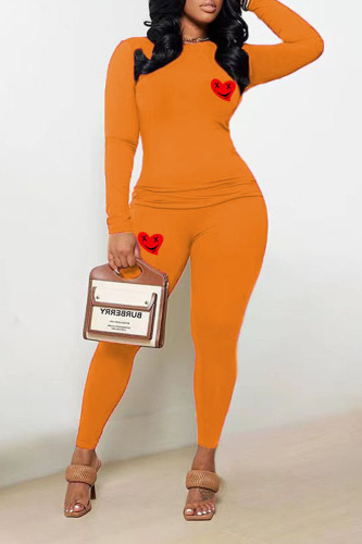 Orange Casual Print Patchwork O Neck Long Sleeve Two Pieces