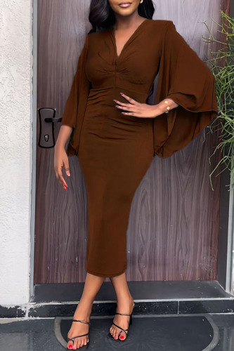 Brown Sexy Solid Patchwork V Neck One Step Skirt Dresses