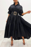Black Casual Solid Patchwork Buckle Fold Turndown Collar Shirt Dress Dresses(Without Belt）