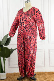 Red Sexy Street Print Leopard Patchwork Without Belt V Neck Plus Size Jumpsuits(Without Belt)