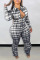 Grey Casual Plaid Print Patchwork Fold Zipper Turndown Collar Plus Size Jumpsuits