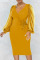 Green Casual Solid Patchwork Draw String Fold V Neck One Step Skirt Dresses