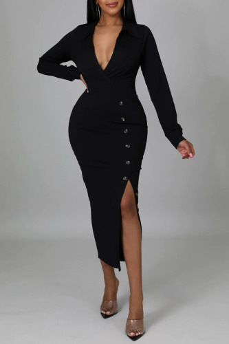 Black Casual Solid Patchwork Slit V Neck Pencil Skirt Dresses