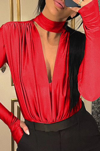Red Sexy Solid Hollowed Out Patchwork Fold Half A Turtleneck Regular Bodysuits