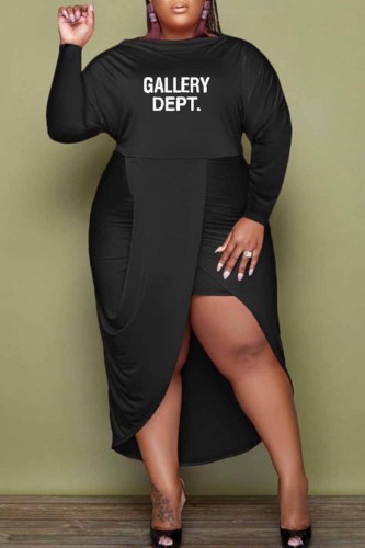 Black Casual Print Letter O Neck Irregular Dress Plus Size Dresses