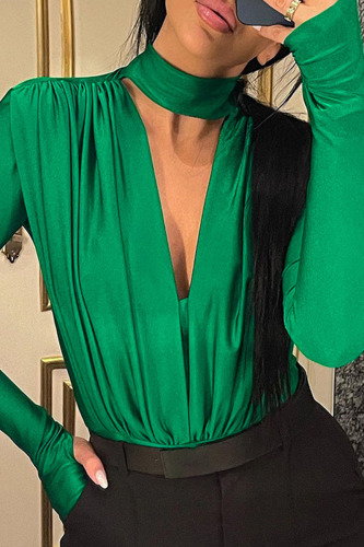 Green Sexy Solid Hollowed Out Patchwork Fold Half A Turtleneck Regular Bodysuits