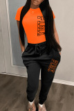 Black Orange Casual Print Patchwork O Neck Short Sleeve Two Pieces
