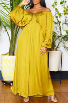 Golden Yellow Casual Solid Patchwork Fold V Neck Long Dress Dresses