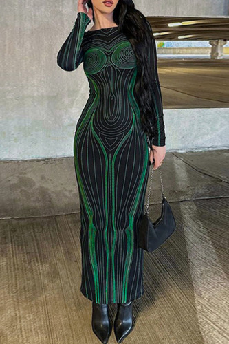 Green Sexy Print Patchwork O Neck Pencil Skirt Dresses