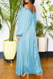 Light Blue Casual Solid Patchwork Fold V Neck Long Dress Dresses