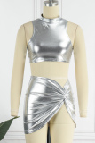 Silver Sexy Solid Patchwork Turtleneck Sleeveless Two Pieces