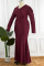 Burgundy Sexy Formal Solid Patchwork V Neck Long Sleeve Plus Size Dresses