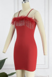 Red Sexy Solid Tassel Patchwork Feathers Spaghetti Strap Pencil Skirt Dresses