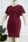 Burgundy Casual Solid Patchwork O Neck One Step Skirt Plus Size Dresses