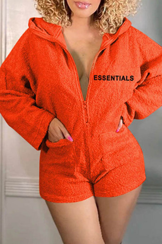 Tangerine Red Casual Letter Basic Hooded Collar Regular Romper