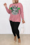 Black Pink Street Print Patchwork O Neck Long Sleeve Two Pieces