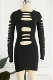 Black Sexy Casual Solid Ripped O Neck Long Sleeve Dresses