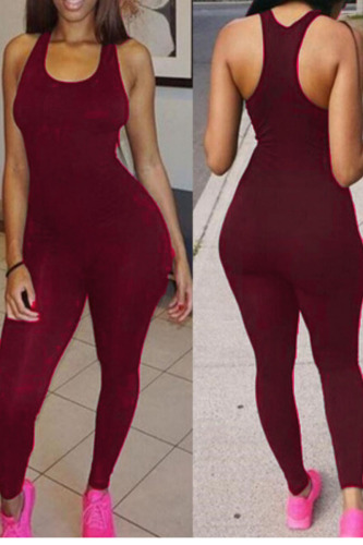Burgundy Sexy Solid Patchwork U Neck Skinny Jumpsuits