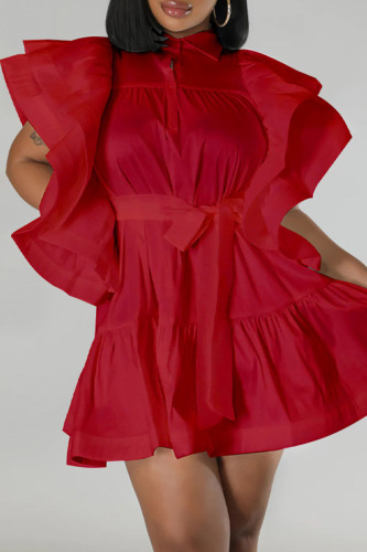 Red Casual Solid Patchwork Fold V Neck A Line Dresses