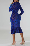Blue Sexy Solid Patchwork Flounce V Neck Trumpet Mermaid Dresses