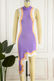 Purple Sexy Print Asymmetrical O Neck Sleeveless Dress Dresses