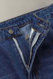 Deep Blue Casual Solid Patchwork Basic High Waist Straight Denim Jeans