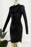 Black Sexy Solid Fold Turtleneck Long Sleeve Dresses