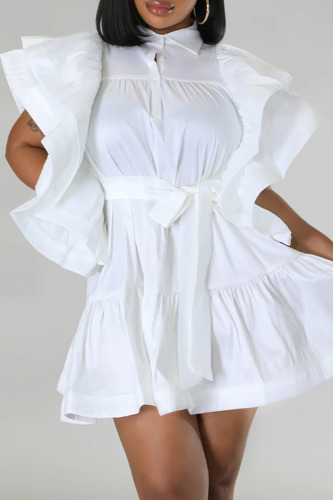 White Casual Solid Patchwork Fold V Neck A Line Dresses