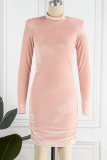 Pink Sexy Solid Fold Turtleneck Long Sleeve Dresses