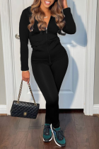 Black Street Solid Patchwork Hooded Collar Long Sleeve Two Pieces