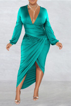 Green Sexy Solid Patchwork Fold Asymmetrical V Neck Irregular Dress Dresses