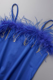 Blue Sexy Solid Tassel Patchwork Feathers Spaghetti Strap Pencil Skirt Dresses