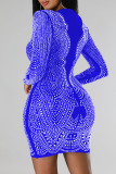 Blue Sexy Solid Patchwork Hot Drill O Neck Pencil Skirt Dresses