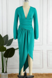Green Sexy Solid Patchwork Fold Asymmetrical V Neck Irregular Dress Dresses