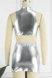 Silver Sexy Solid Patchwork Turtleneck Sleeveless Two Pieces