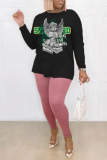 Pink Black Street Print Patchwork O Neck Long Sleeve Two Pieces
