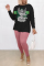 Black Pink Street Print Patchwork O Neck Long Sleeve Two Pieces