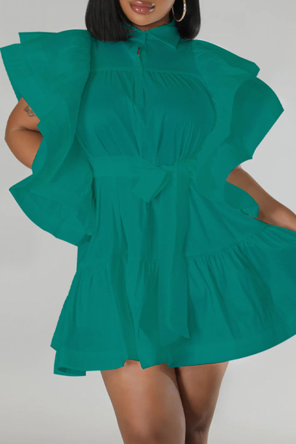 Green Casual Solid Patchwork Fold V Neck A Line Dresses