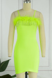 Fluorescent Green Sexy Solid Tassel Patchwork Feathers Spaghetti Strap Pencil Skirt Dresses