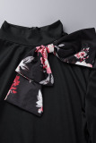 Black Casual Elegant Print Patchwork With Bow Half A Turtleneck One Step Skirt Dresses