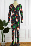 Black Green Casual Print Patchwork Buttons V Neck Skinny Jumpsuits