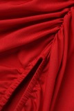 Red Sexy Casual Plus Size Solid Backless Slit Fold Oblique Collar Sleeveless Dress