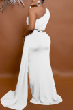 White Elegant Solid Patchwork Oblique Collar Evening Dress Dresses