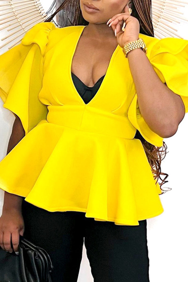 Yellow Elegant Solid Patchwork Flounce V Neck T-Shirts