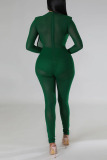 Green Sexy Solid Patchwork See-through Asymmetrical Collar Skinny Jumpsuits