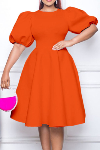Tangerine Red Casual Solid Patchwork O Neck A Line Dresses