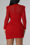 Red Sexy Solid Patchwork Asymmetrical O Neck Pencil Skirt Dresses